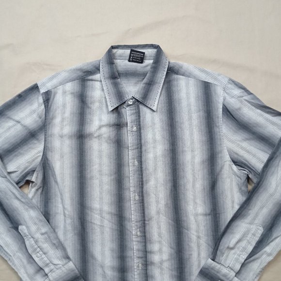 Irreverent Mens Casual Button Down Shirt Size L Gray Striped Cotton Barrel Cuff - Picture 3 of 8